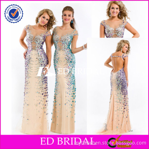 Sexy Illusion Neckline Backless Colorful Beading Designer Evening Dress Patterns 2014